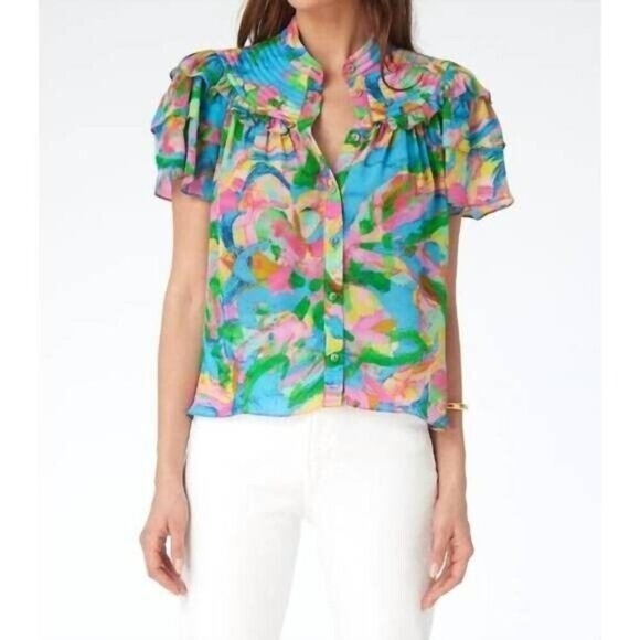 Gilner Farrar NWT Dray Blouse in Multicolor Brushstroke Floral Size XS MSRP $238 - Picture 1 of 7